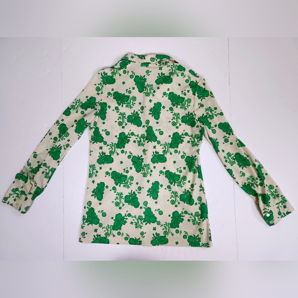 Alex Colman California Vintage 70s Point Collar Flowy Top Green Cream Small - Picture 11 of 16